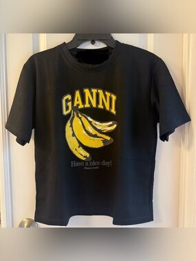 Ganni Black Short Sleeve Tee with Yellow Banana Graphic
